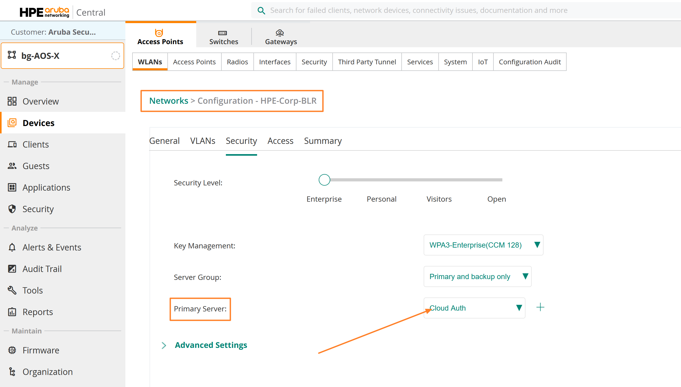 HPE-Corp-BLR uses Cloud Auth as the RADIUS server