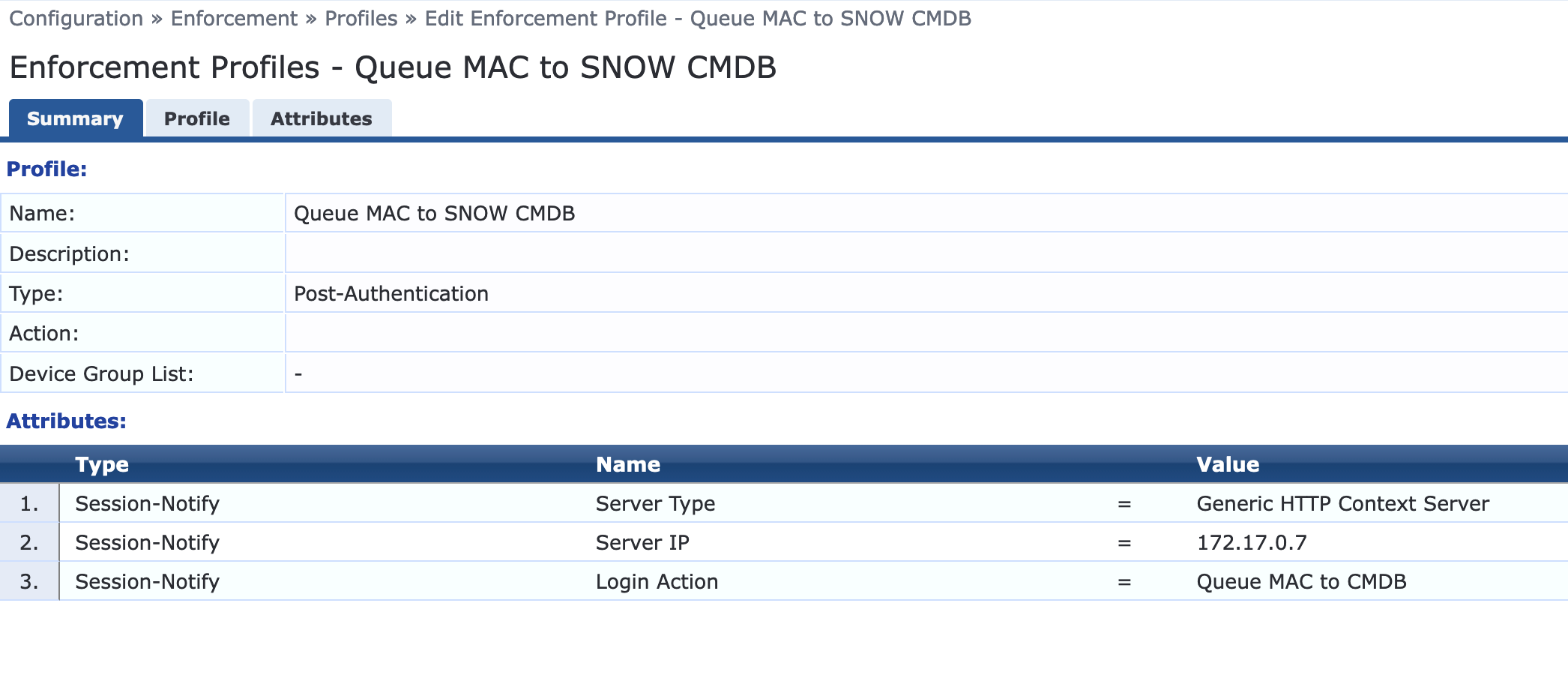 Enforcement profile to push endpoint to Service Now CMDB