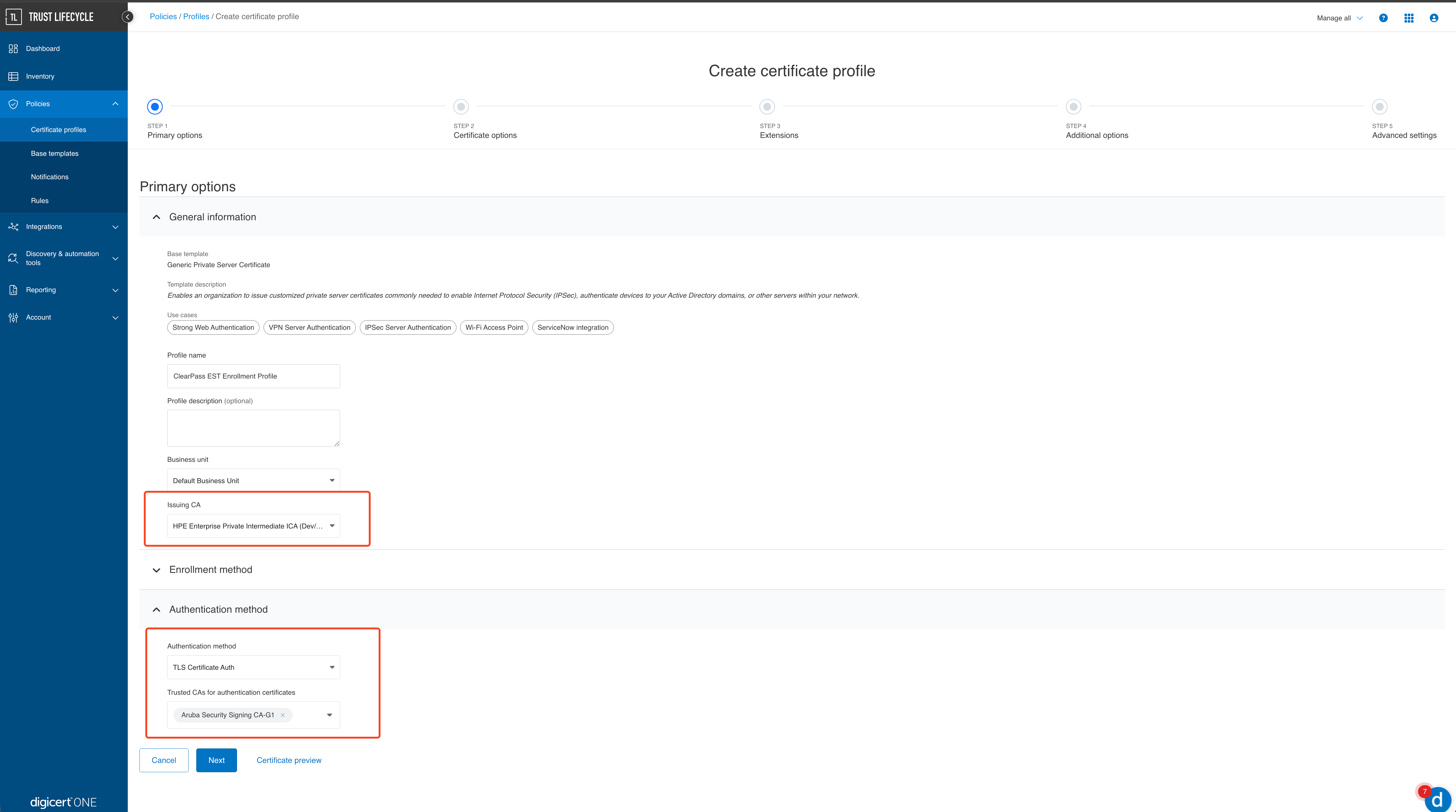 Adding certificate profile