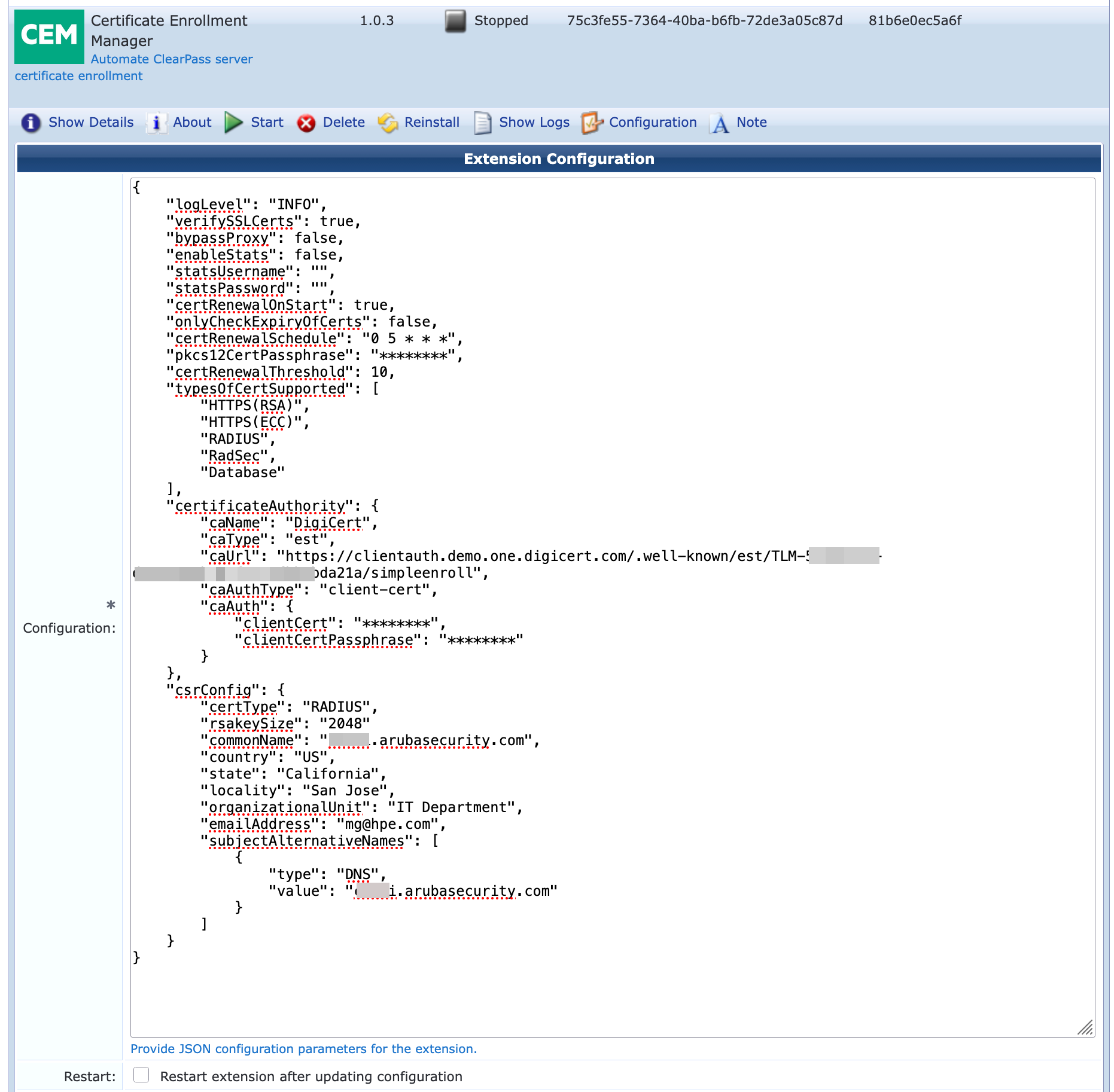 Sample extension configuration