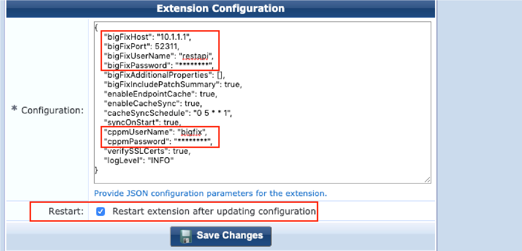 GUI review and setting the Extension configuration