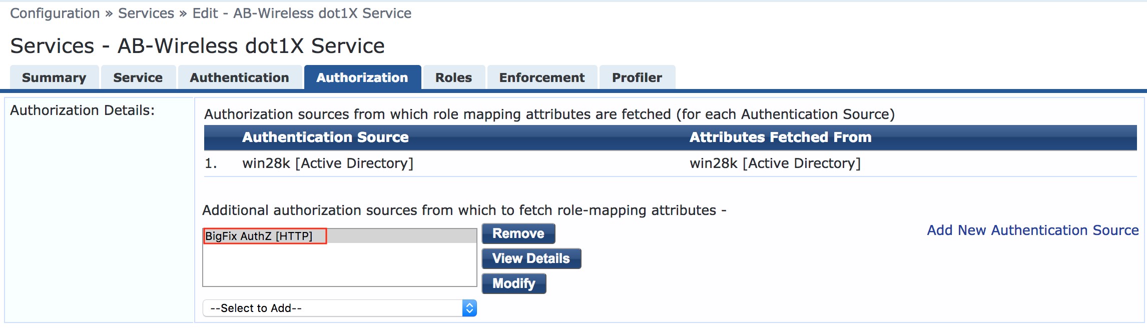Service Configuration – Authorization tab