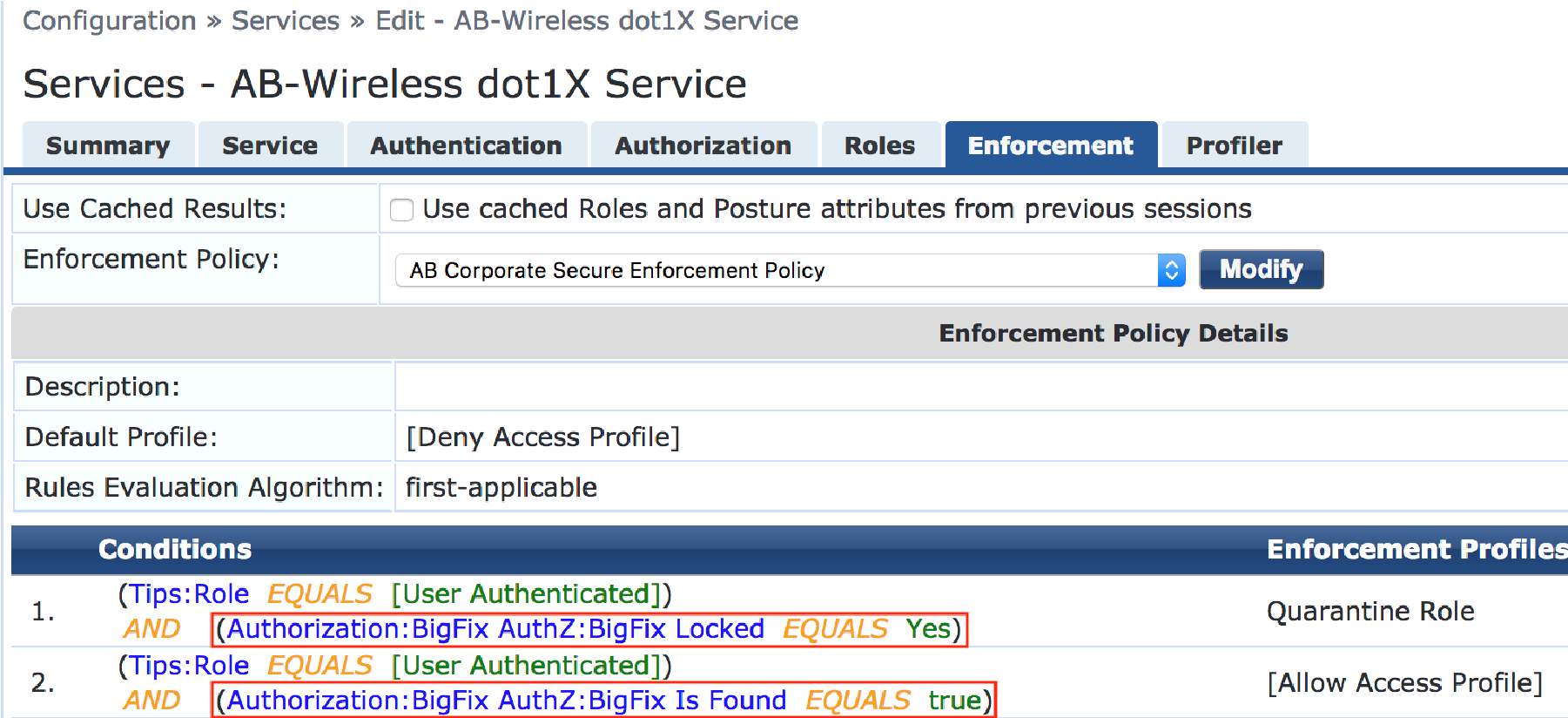 Service Configuration – Enforcement tab