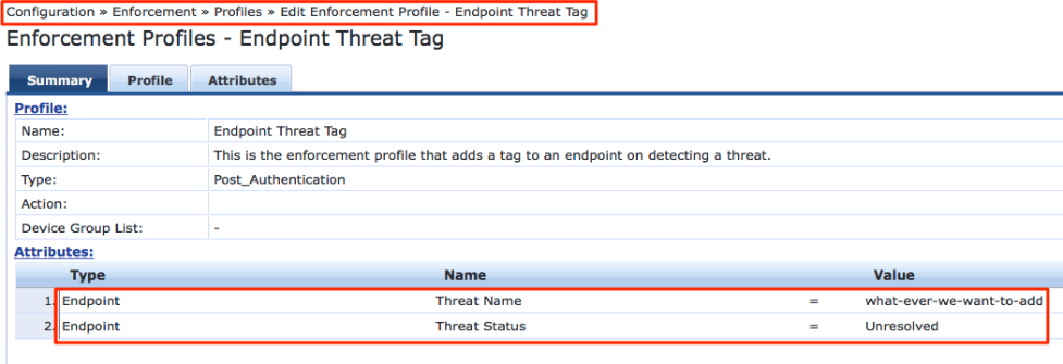 Adding an Enforcement Profile to update endpoint Threat attributes