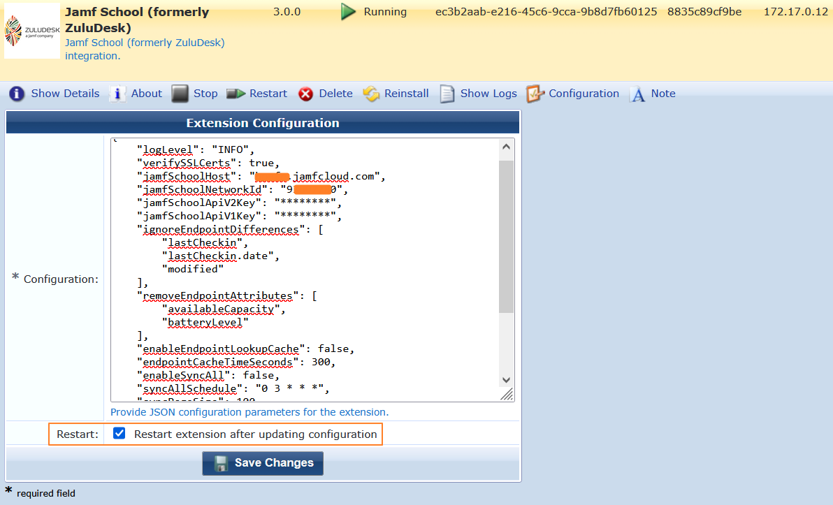 GUI review and setting the Extension configuration