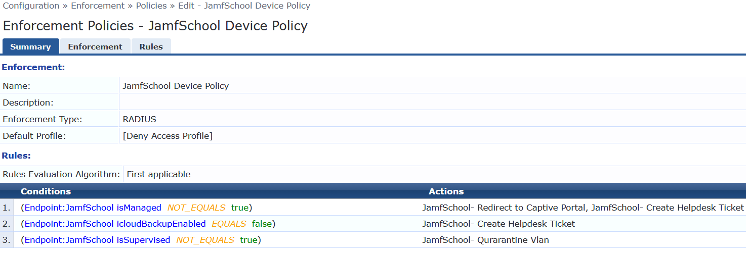 Example of an Enforcement Policy utilizing attributes returned from Jamf School