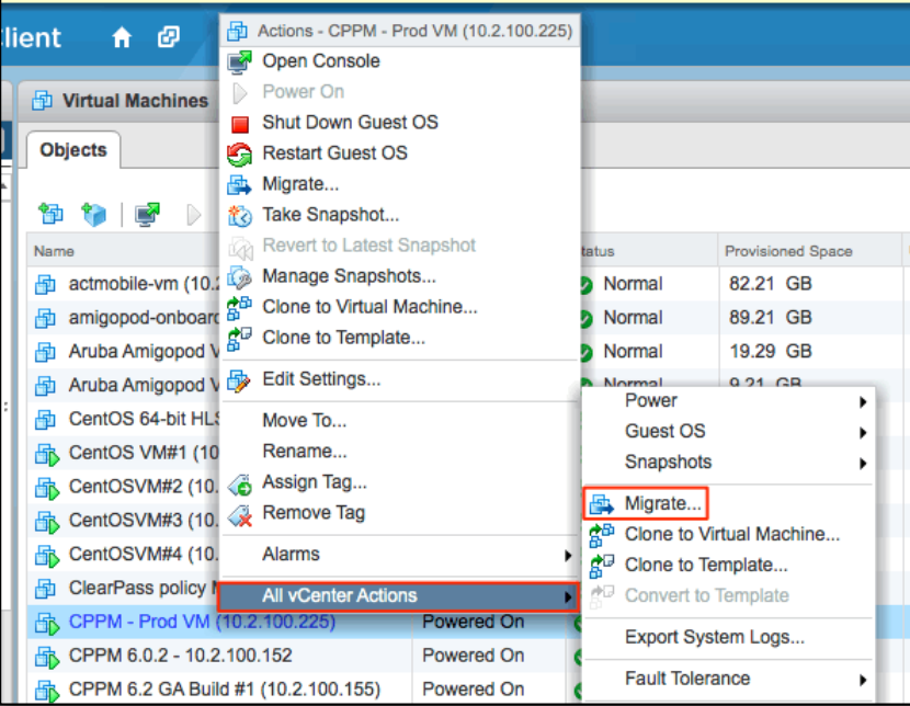 Starting	 VMotion	 Migration	 on	 a	 VM	