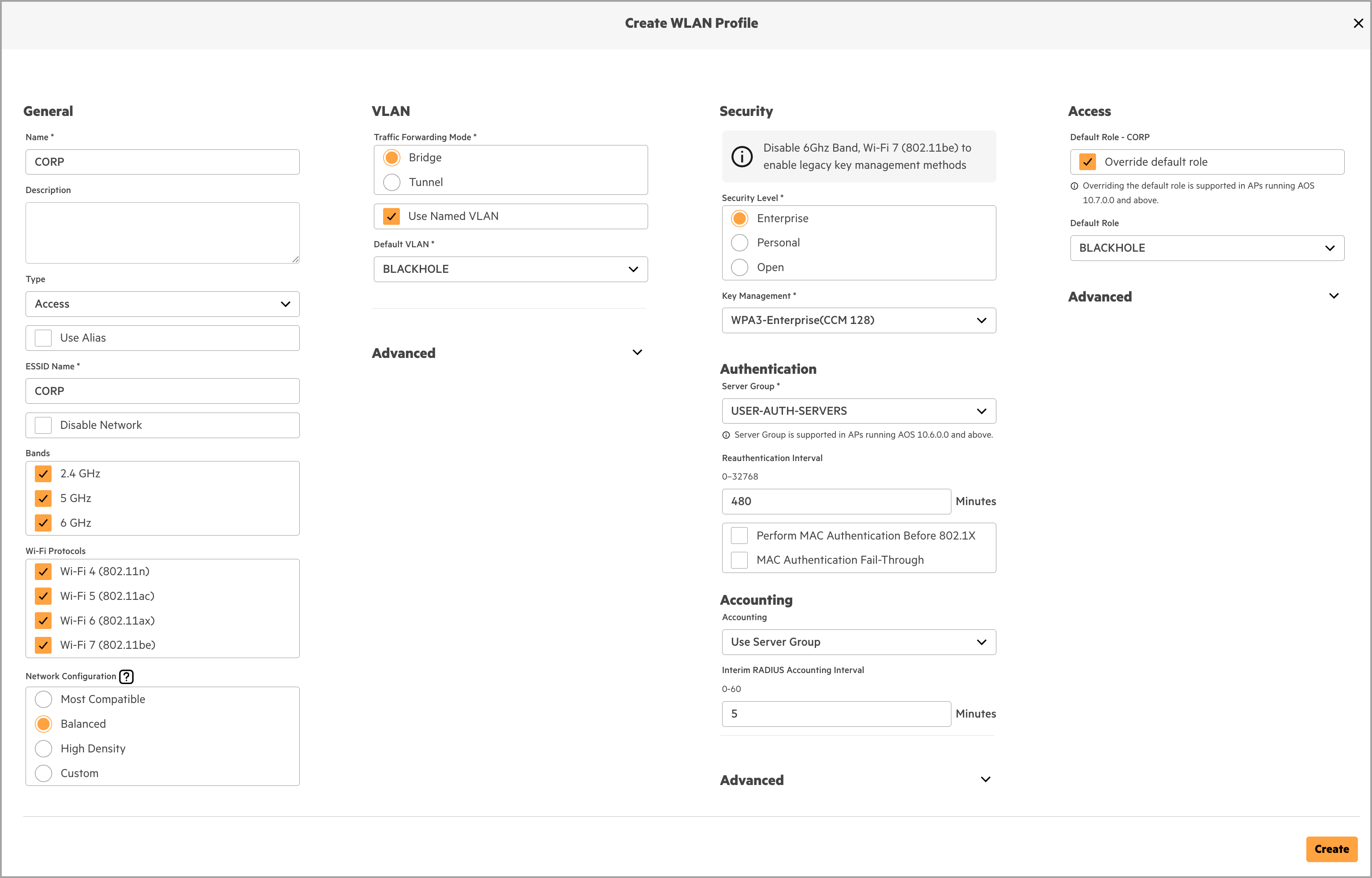 Central's WLAN Profile