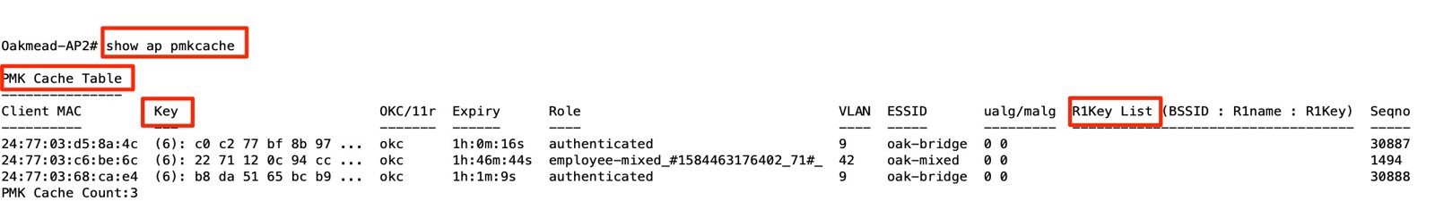 Output from the show ap pmkcache command listing cached client keys and R1 keys